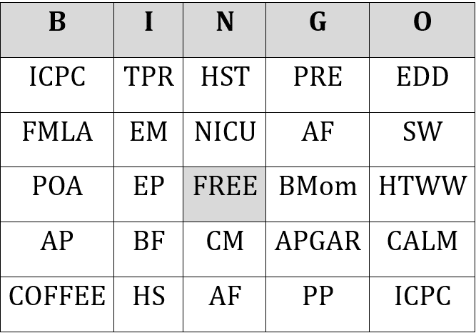 Adoption acronym bingo card
