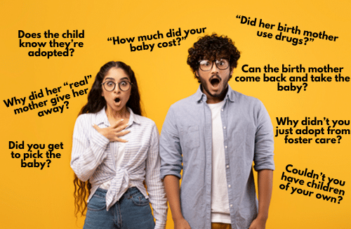 Shocked adoptive parents surrounded by the nosy questions they've been asked about adoption